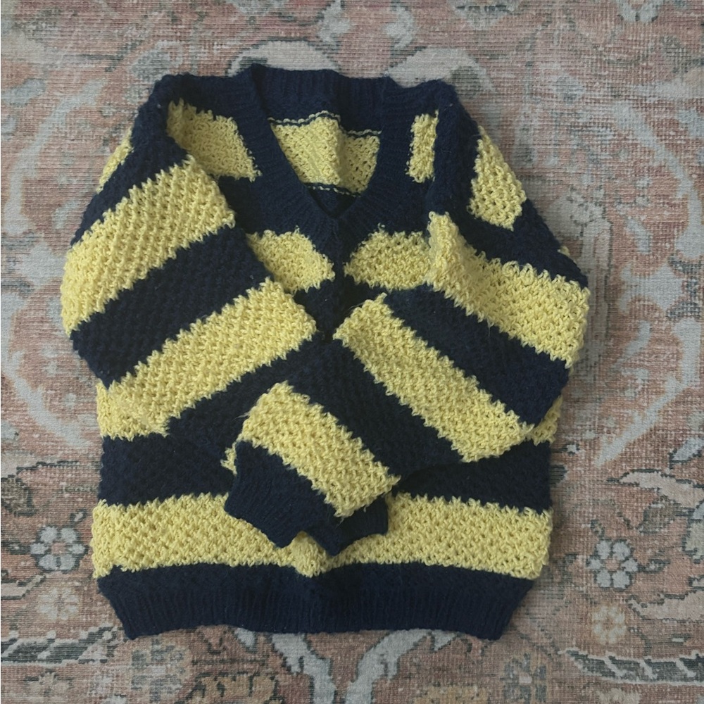 🌿🧶 Handmade Striped Yellow and Navy Blue Knitted Childs Sweater